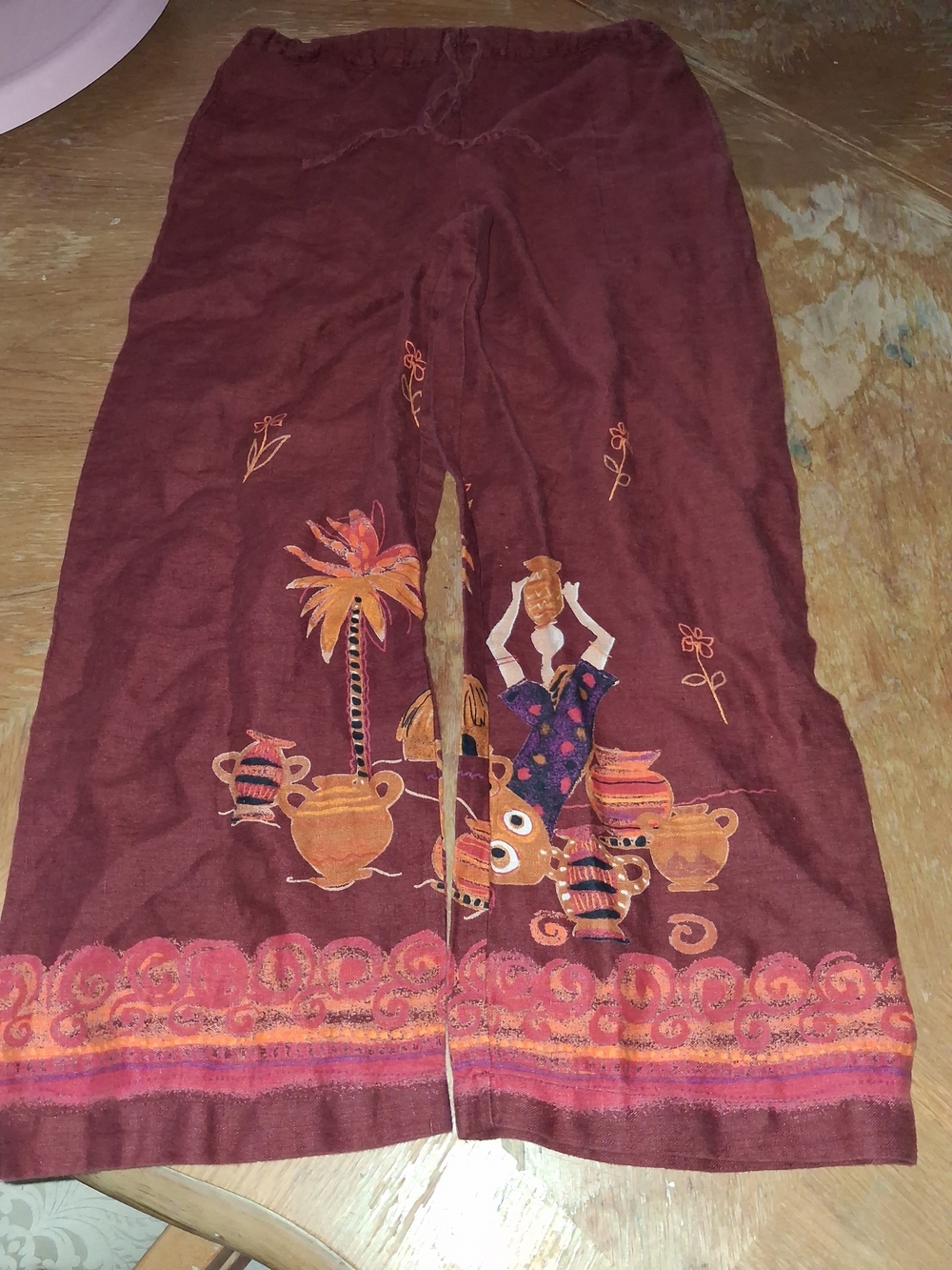 Chico's Maroon Wide-Leg Embroidered Boho Pants